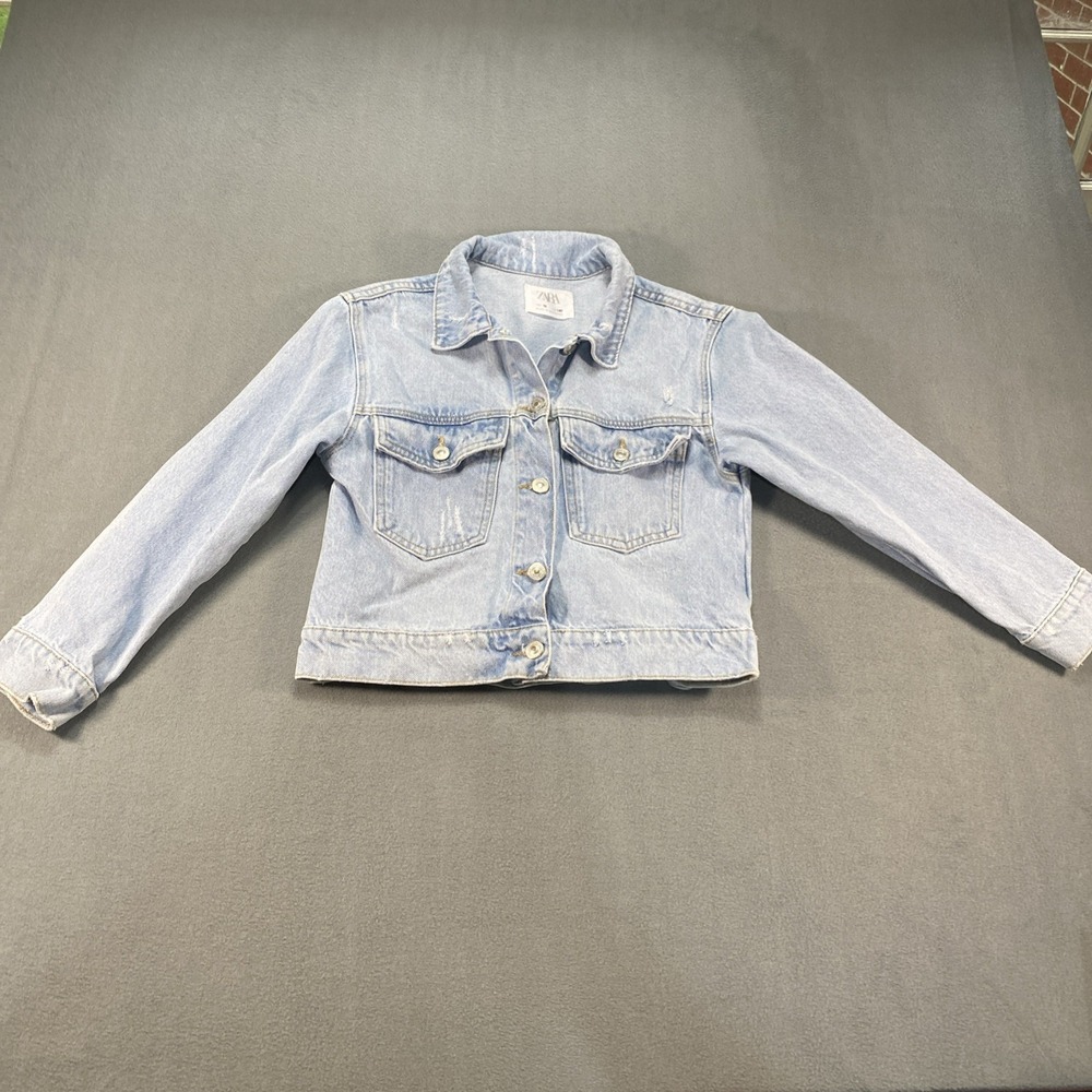 Zara Denim Jacket Womens Size 10 Light‎ Wash Cotton Cropped Trucker Button Front